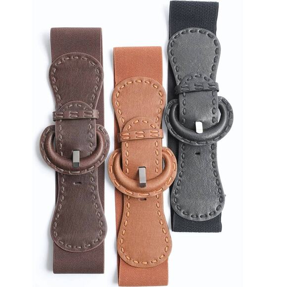 Distressed Wide Stitch Elastic Belt Western Boho Chic Style Camel Brown - Picture 3 of 3